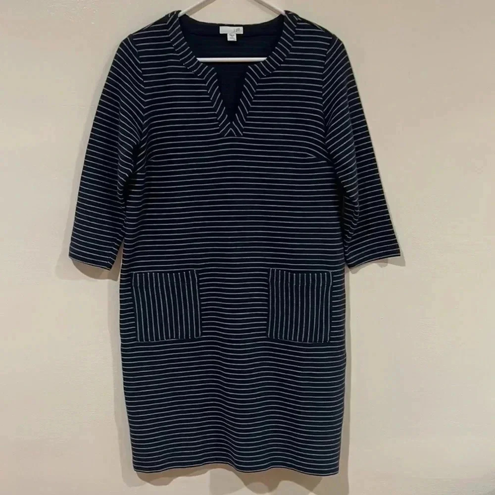 J. Jill Navy Blue Stripe Dress Women's Size Small  Petite 3/4 Sleeve Pockets